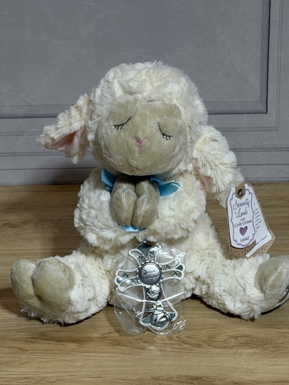 Ganz Serenity Lamb Plush With Crib Cross Christening Baptism Gift Blue Ribbon